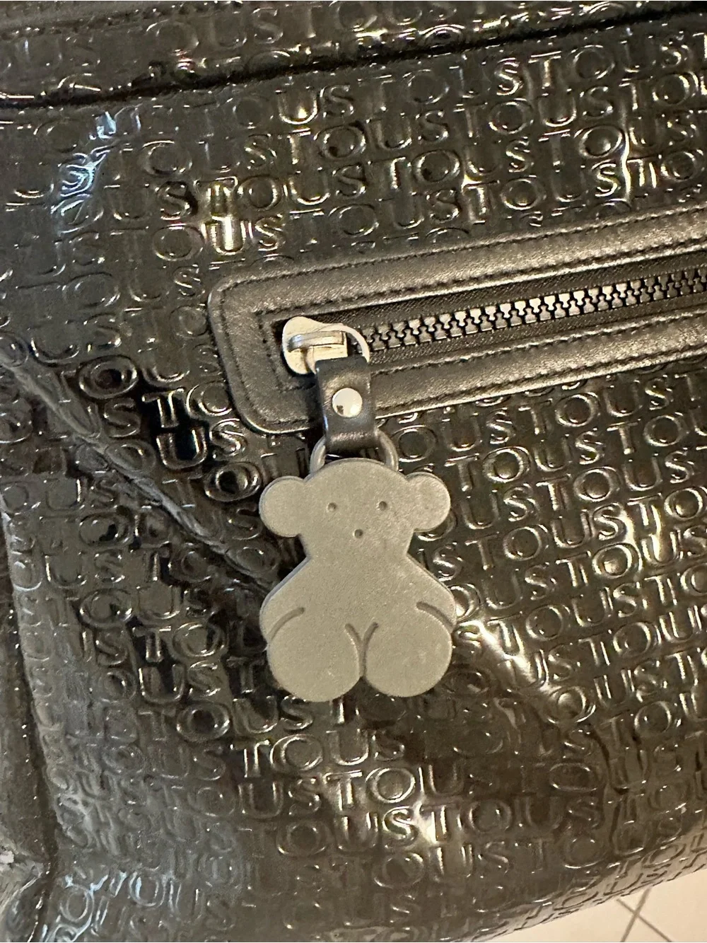 Tous Black Glossy Laptop Bag with Bear Charm Accent